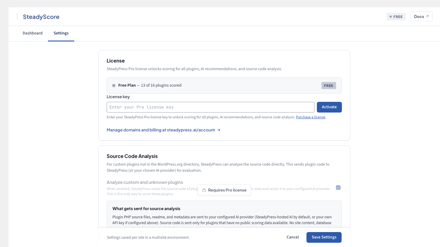 SteadyScore Settings page showing a Free Plan badge, a License Key input field with an Activate button, a link to manage domains and billing at steadypress.ai/account, and a Source Code Analysis section gated behind a Pro license.